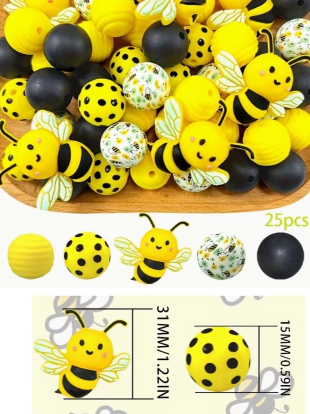 3D Bee Focus & Sunflower Bee Printed Beads 25pcs Silicone Beads 15Mm